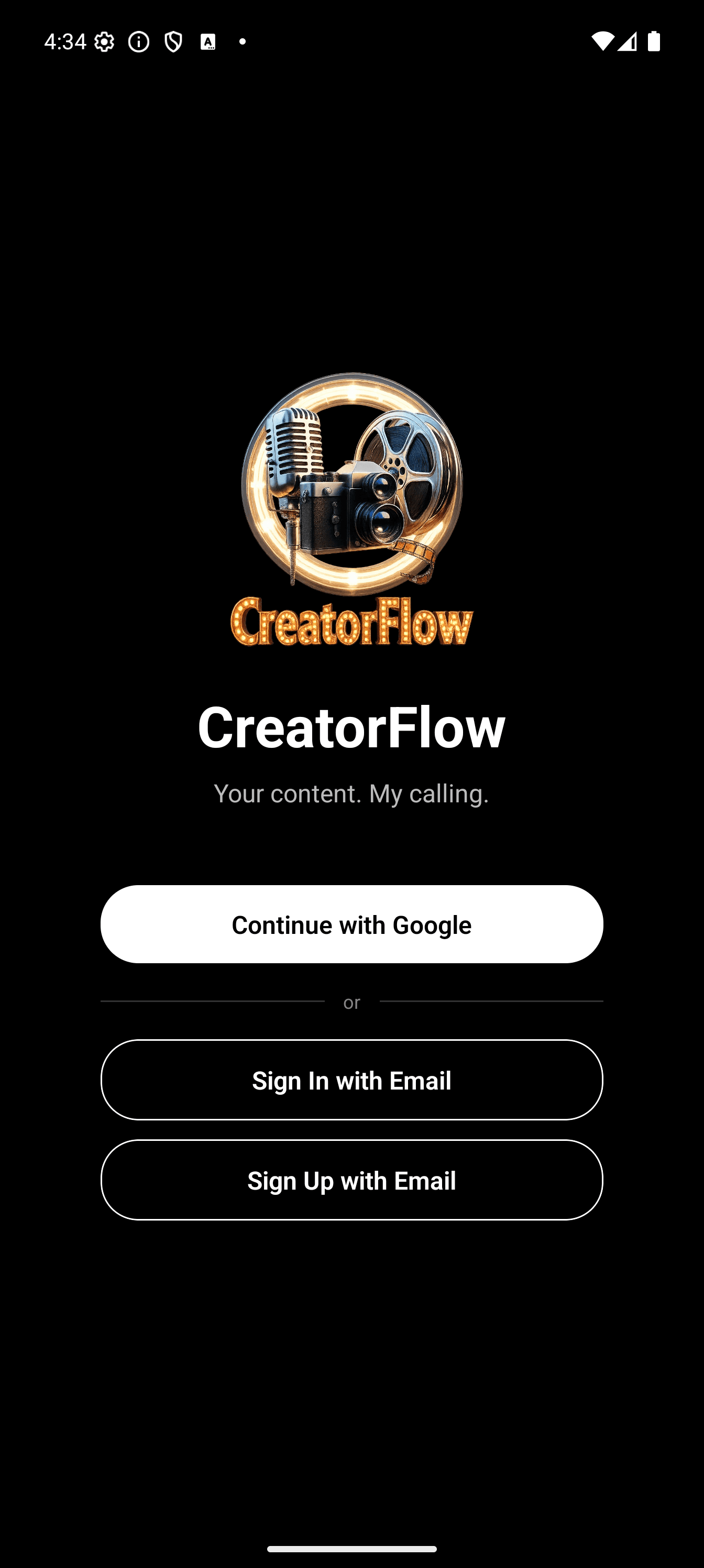 The CreatorFlow app sign-in screen