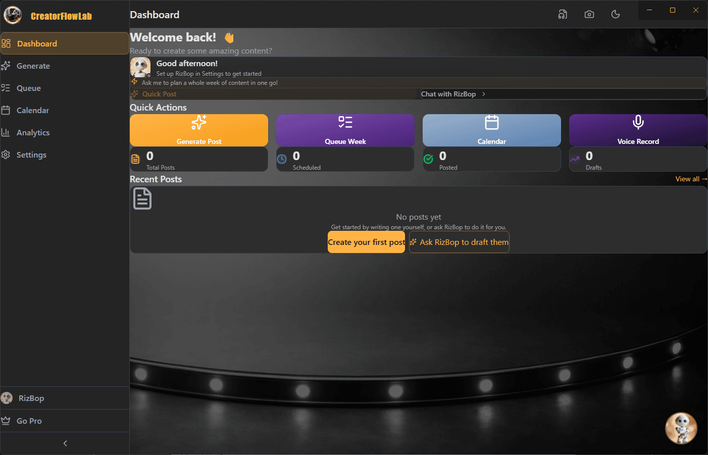 The CreatorFlow desktop dashboard