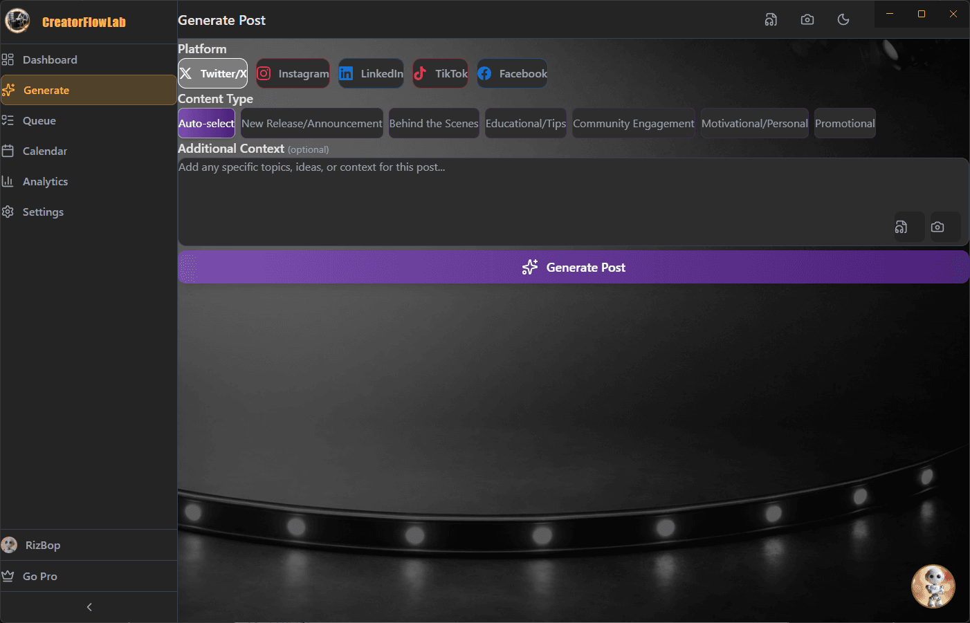 Generating a post in the CreatorFlow desktop app
